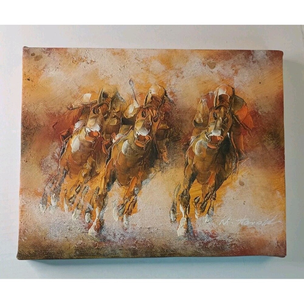M. Harold Artist-SIGNED Abstract HORSE RACING Canvas Painting 10" x 8" (P0071B4)